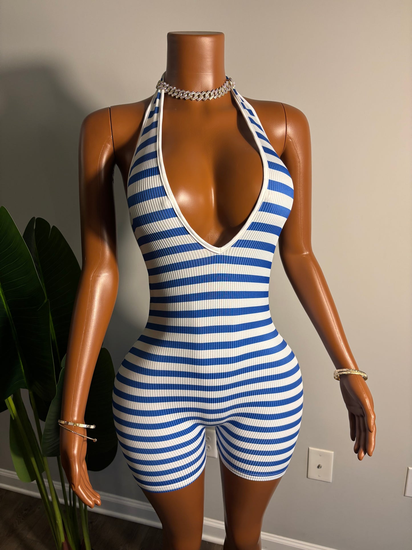 Blue and white romper